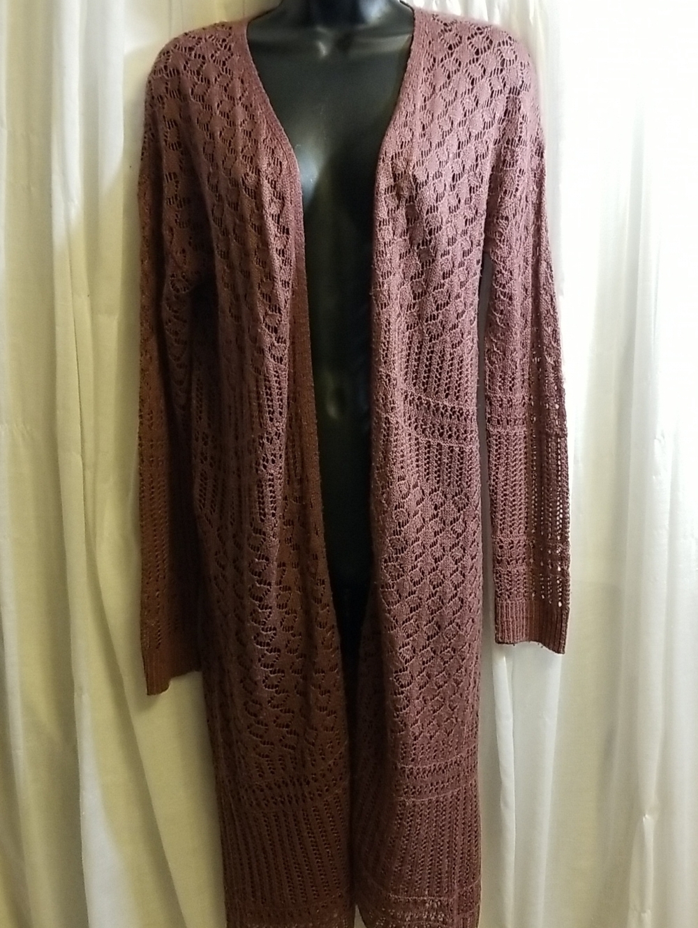 Open-Front Long Knit Cardigan Sweater in Dusty Mauve